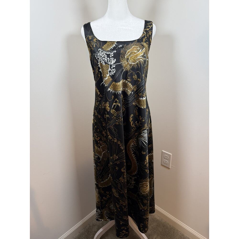Natori Floral Printed Satin Ankle Length Slip Dress Nightgown L Black Tropical